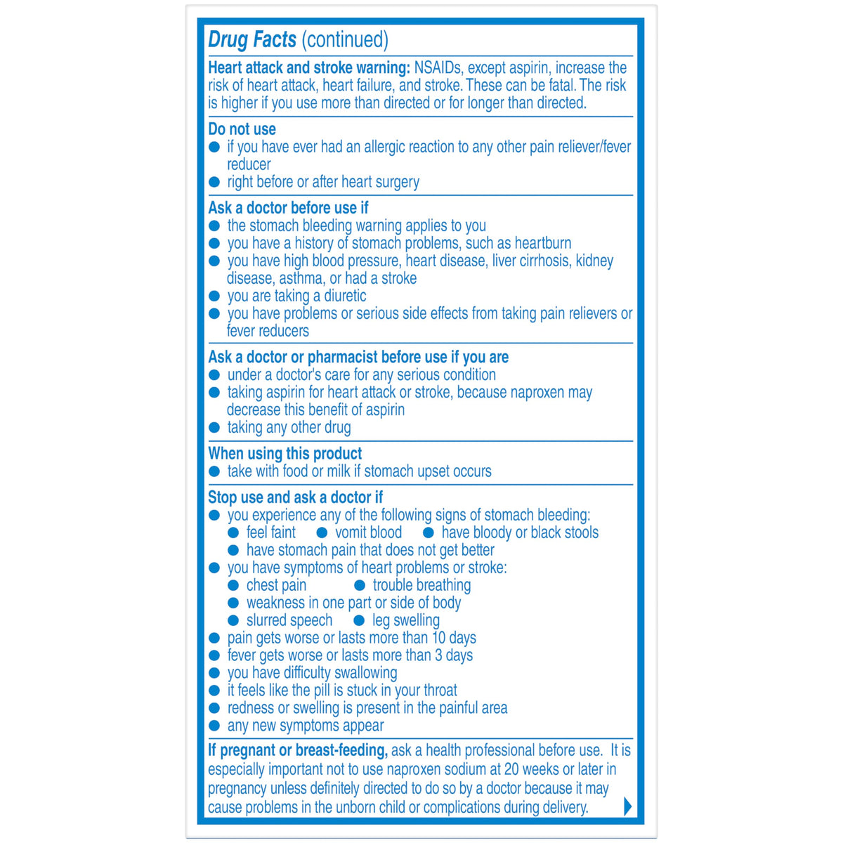 Full view of the fifty count Aleve over the counter fever reducer medication on a plain background.