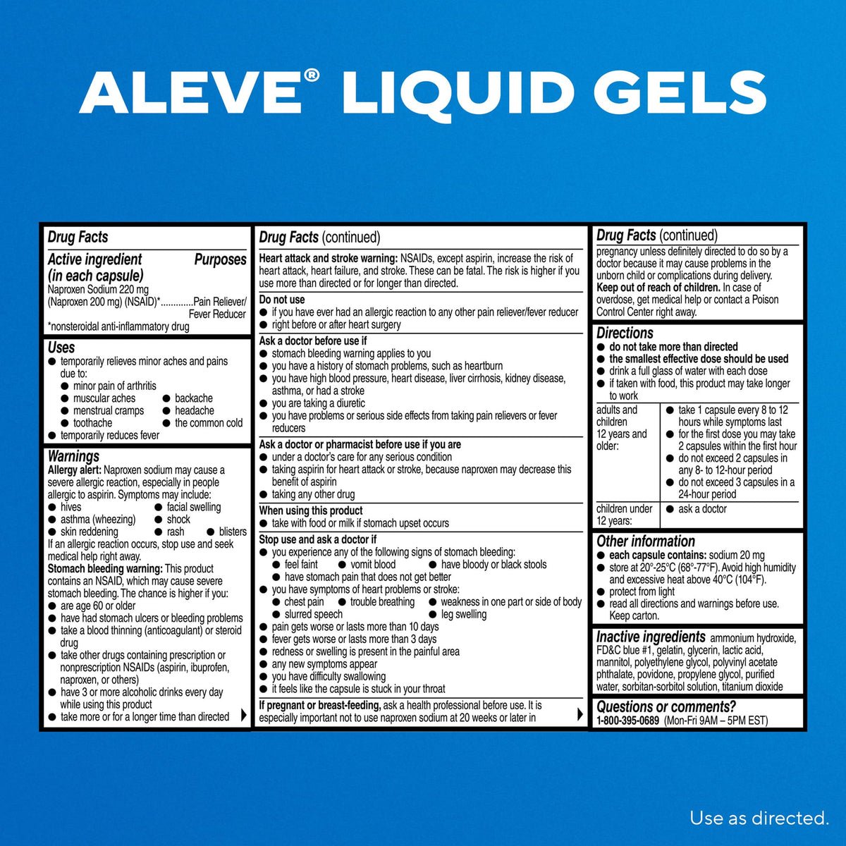 Clear view of the directional usage guide printed on the imported Aleve pain relief bottle label.
