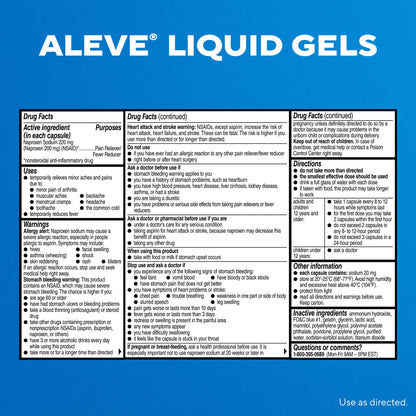 Clear view of the directional usage guide printed on the imported Aleve pain relief bottle label.