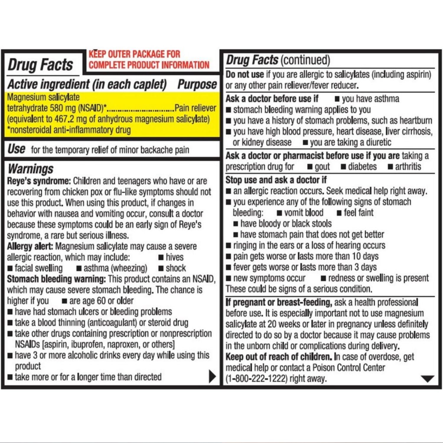 Doans Maximum Strength Backache Pain Relief 580 mg caplets box showing active ingredient facts