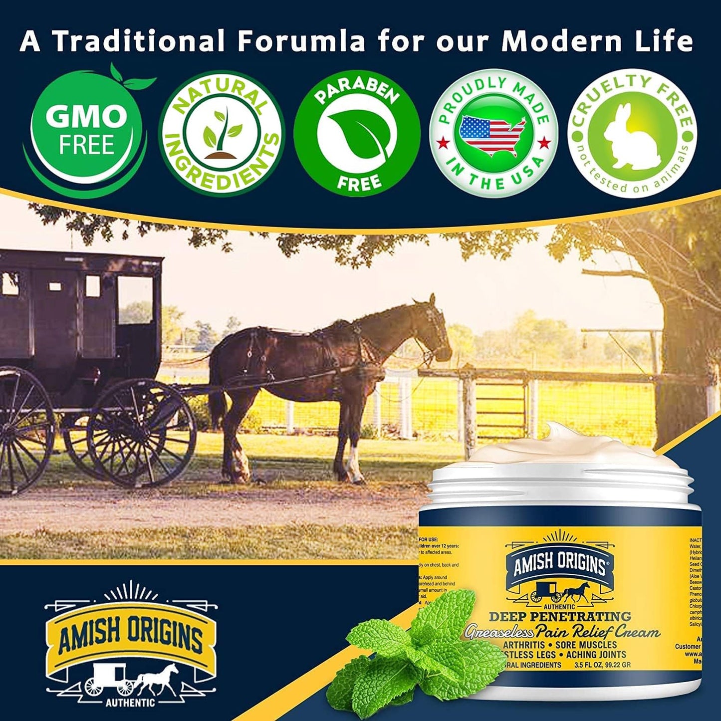 Amish Origins medicated joint and muscle therapy cream showing the product label details