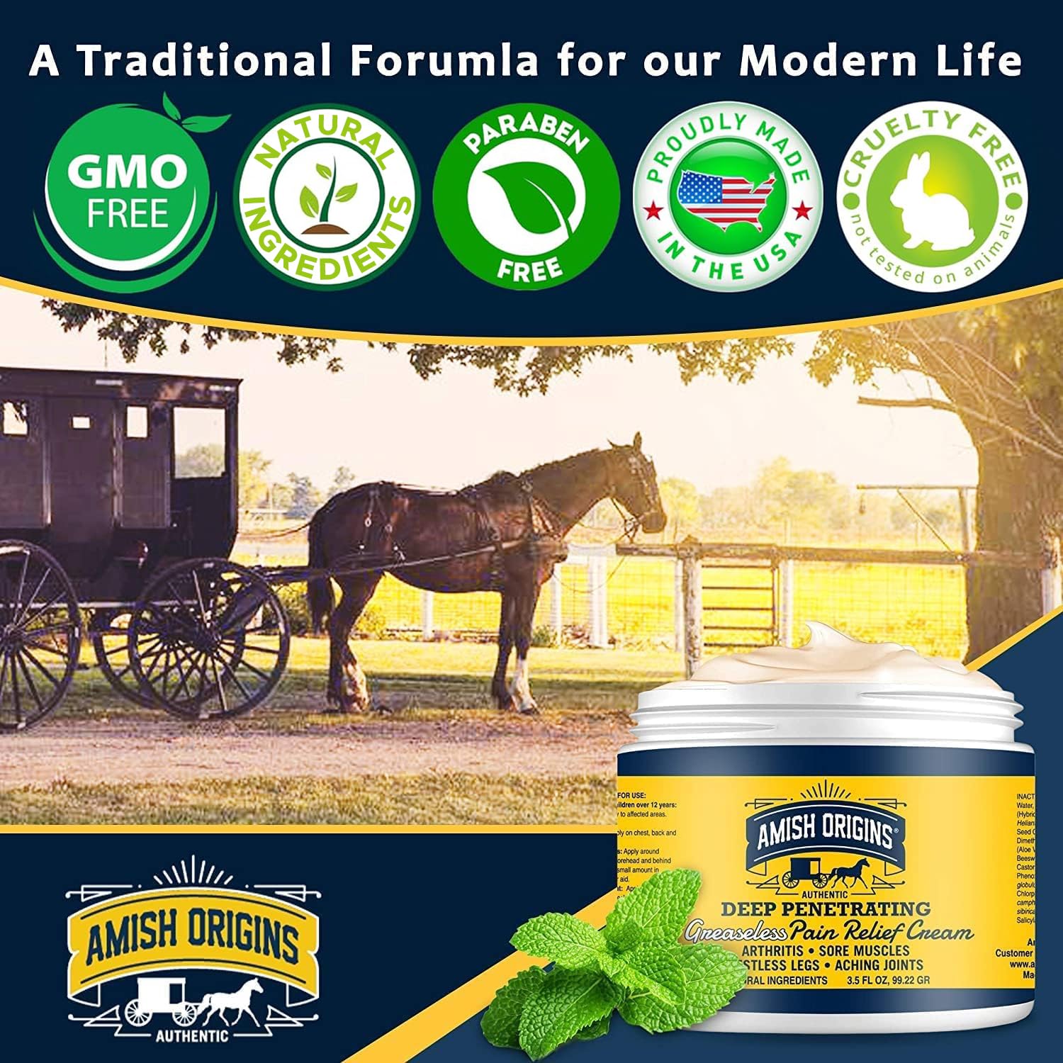 Amish Origins medicated joint and muscle therapy cream showing the product label details