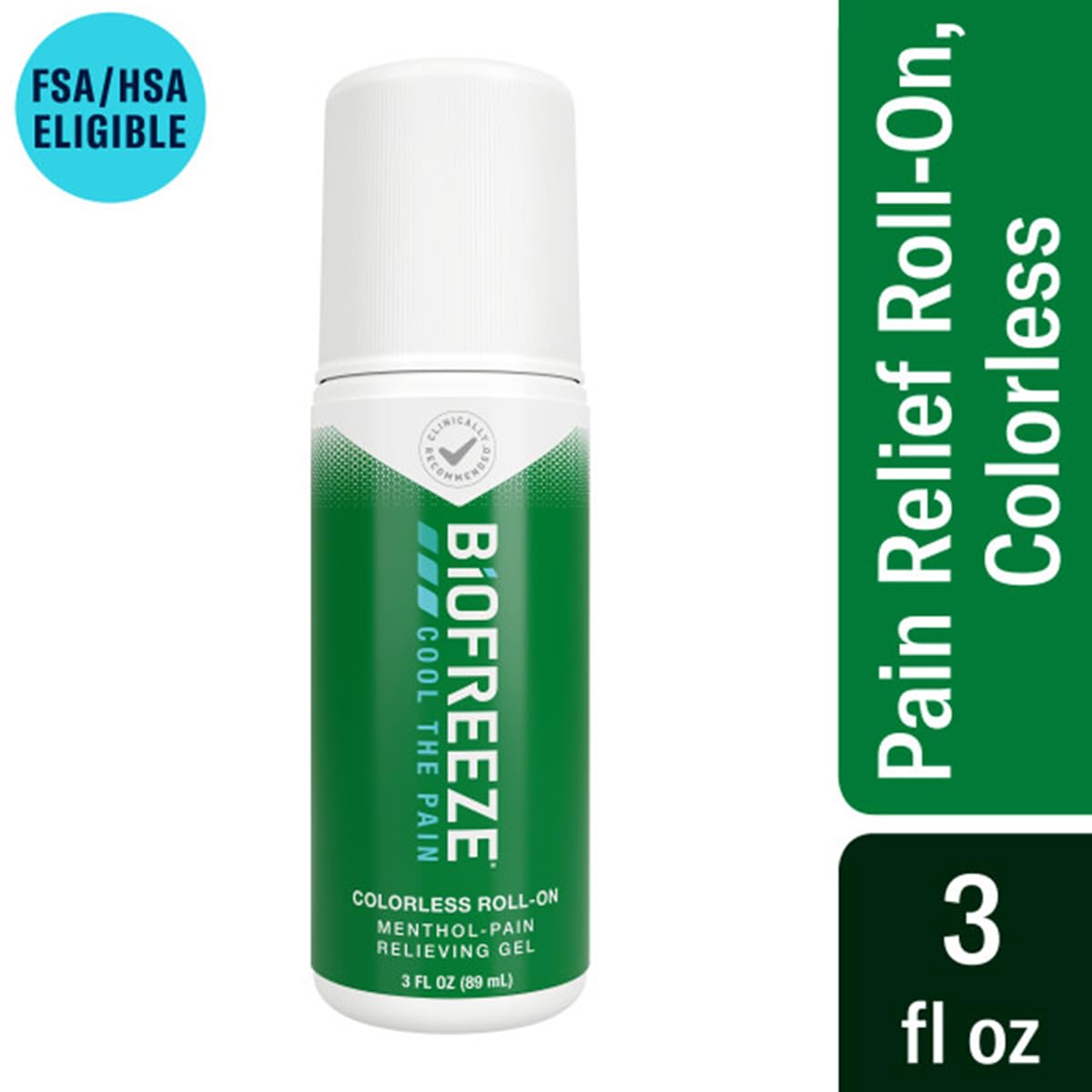 Biofreeze three fluid ounce roll on applicator ball closeup for mess free joint relief