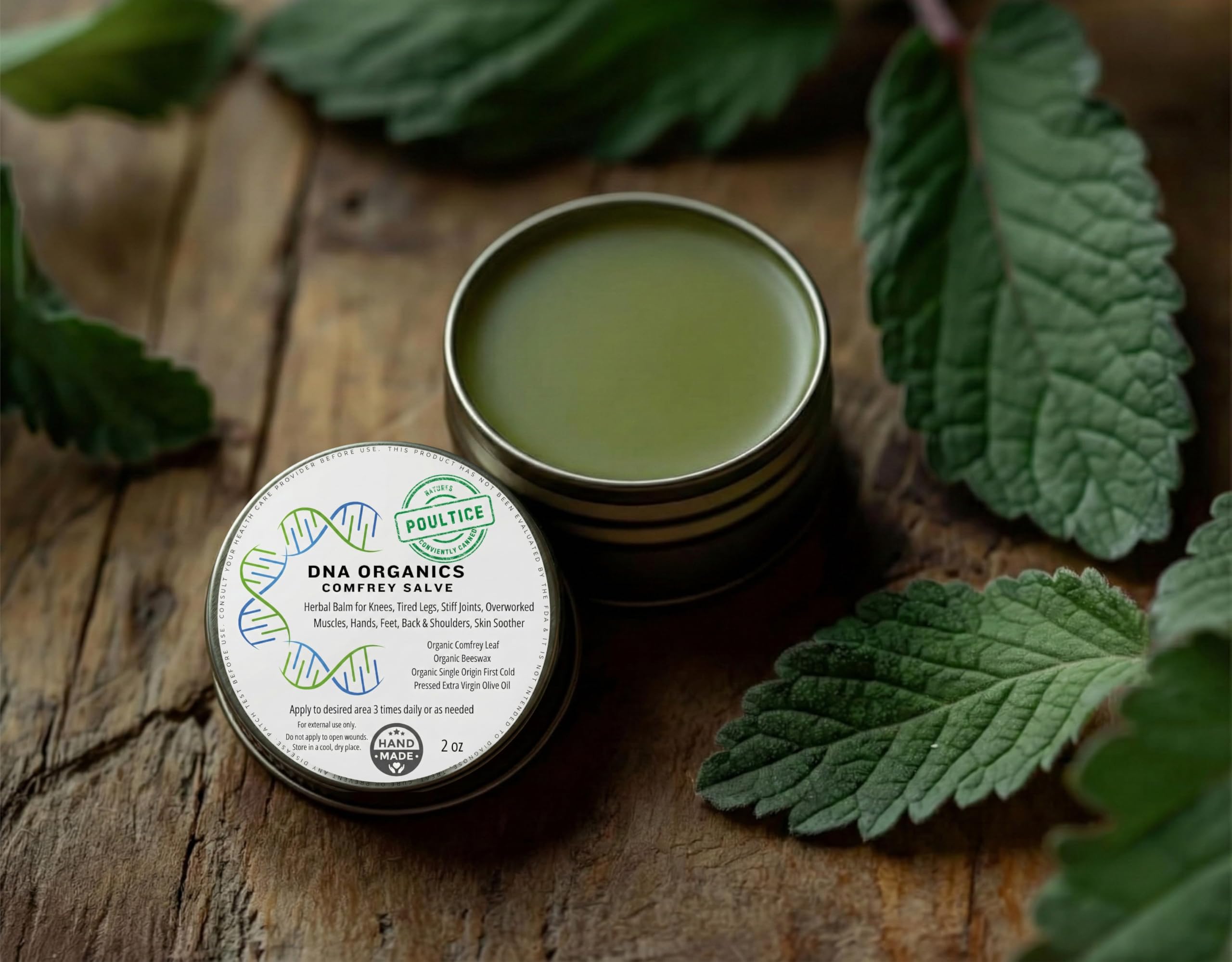 DNA Organics handcrafted comfrey herbal balm showing the two ounce container lid details