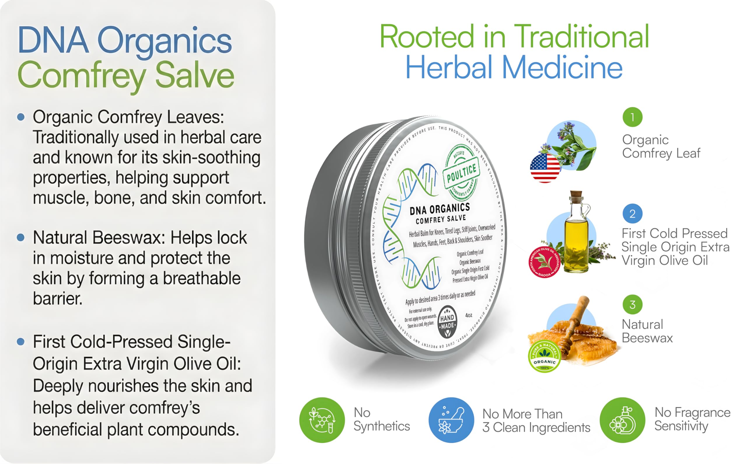 Organic comfrey ointment jar displaying the ingredient list of comfrey leaves and olive oil