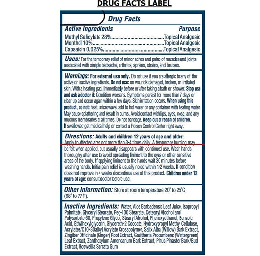 Flanax triple action topical liniment ointment package showing active ingredients
