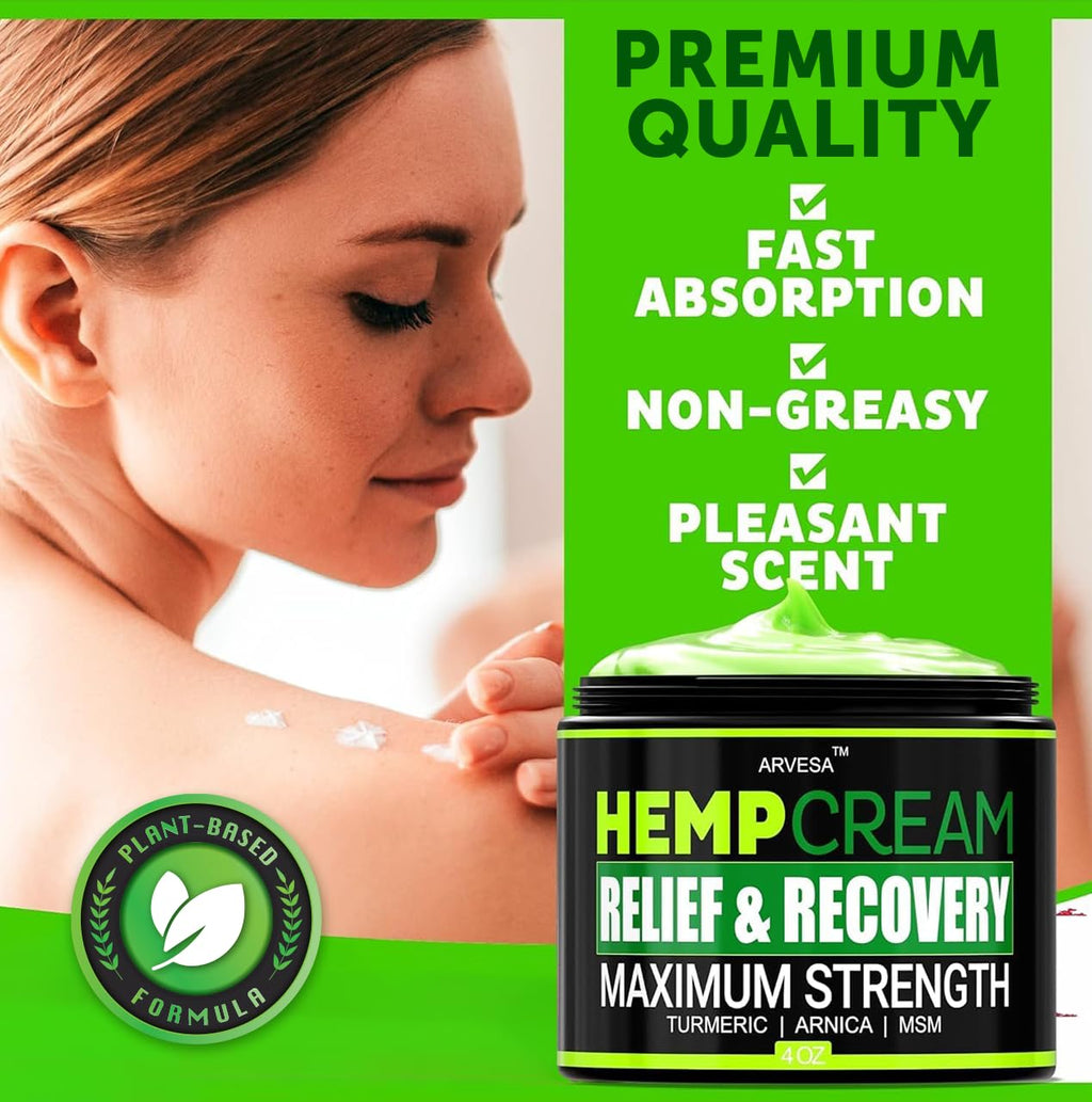 Arvesa advanced formula hemp cream showing product label with arnica and turmeric ingredients