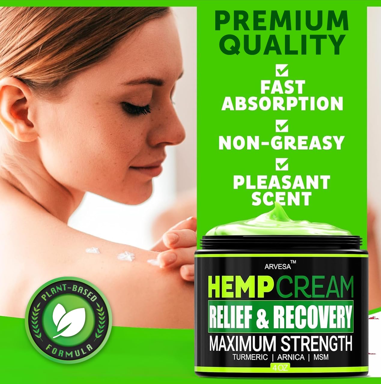 Arvesa advanced formula hemp cream showing product label with arnica and turmeric ingredients