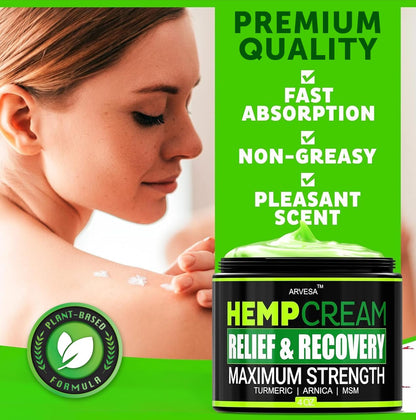 Arvesa advanced formula hemp cream showing product label with arnica and turmeric ingredients