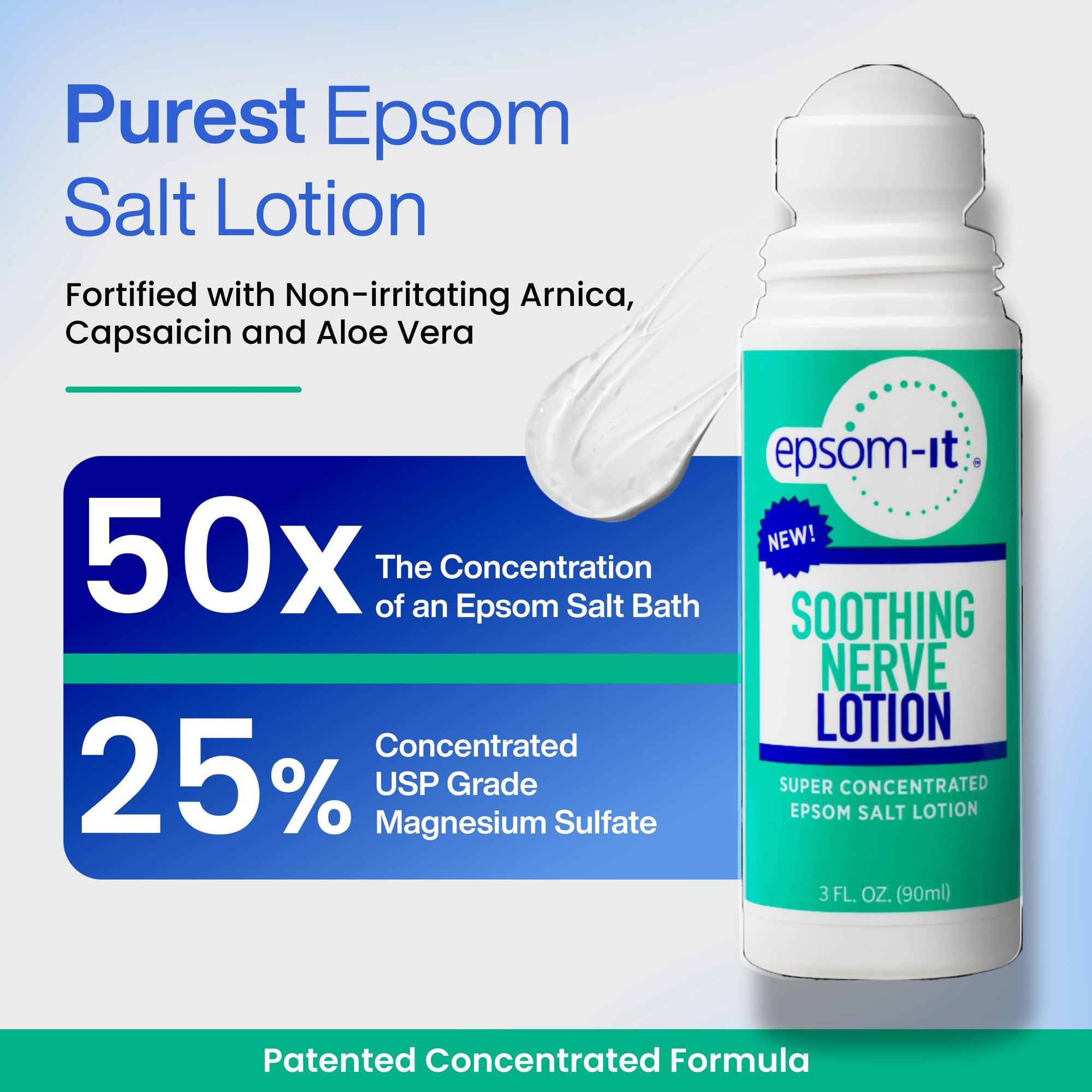 Epsom-It three ounce soothing nerve lotion bottle highlighting the mess free rollerball mechanism