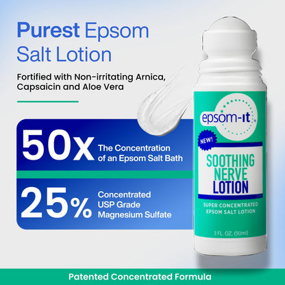 Epsom-It three ounce soothing nerve lotion bottle highlighting the mess free rollerball mechanism