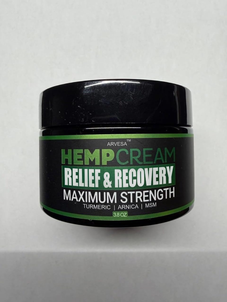 Arvesa natural hemp cream gel displaying key active components including MSM and glucosamine