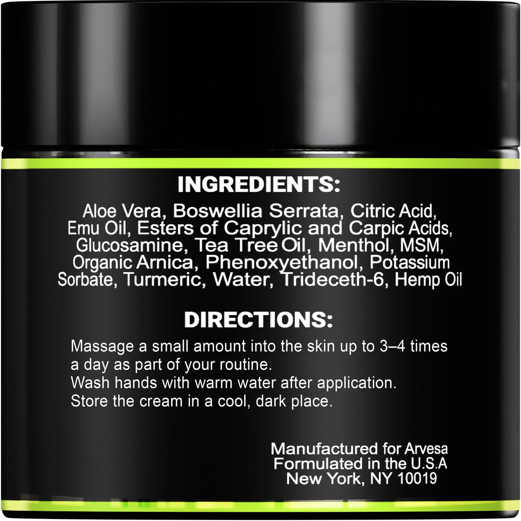 Premium imported packaging of Arvesa maximum strength botanical relief hemp gel