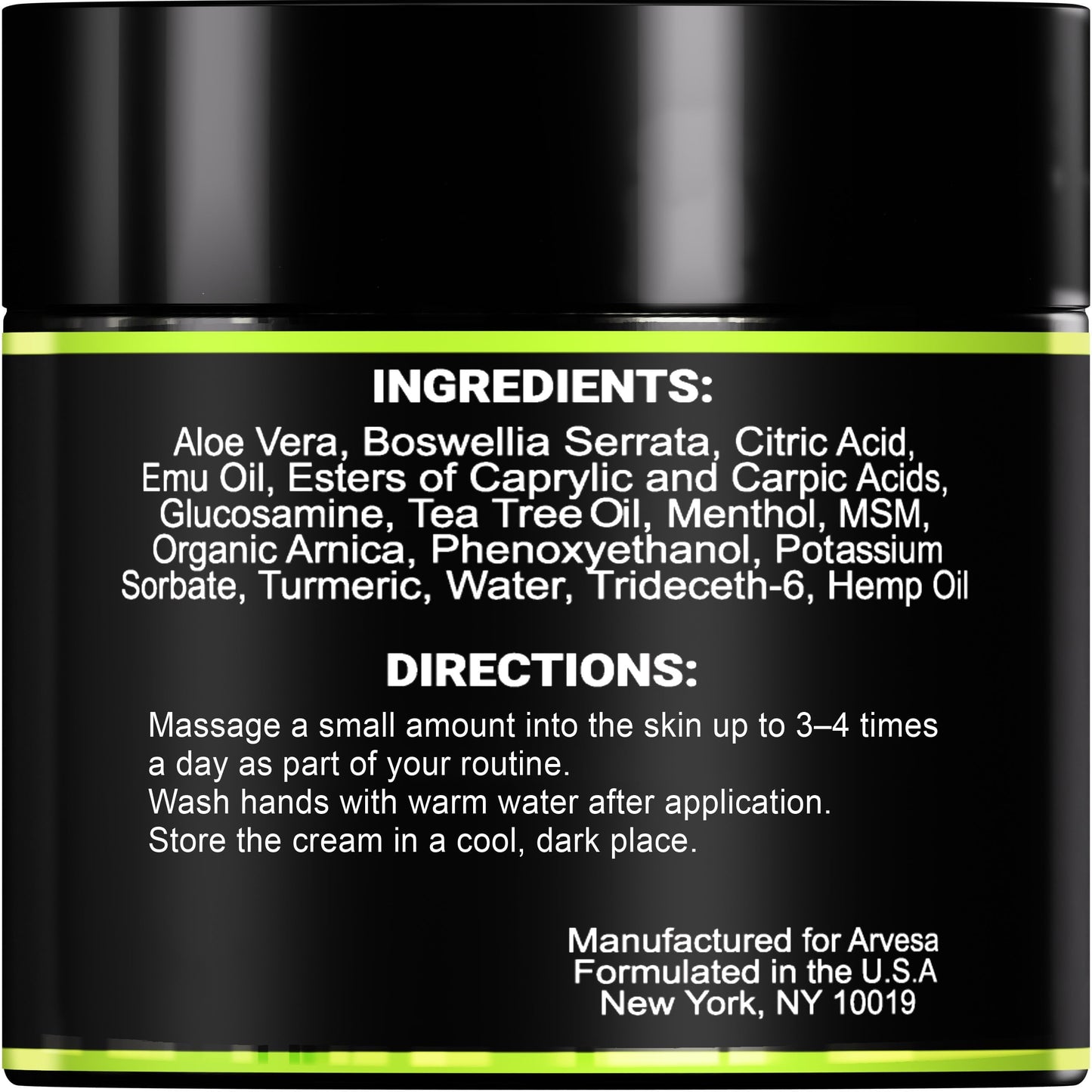 Premium imported packaging of Arvesa maximum strength botanical relief hemp gel