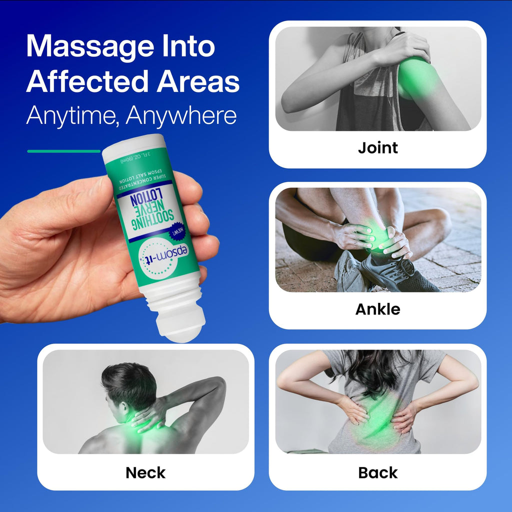 Epsom-It concentrated Epsom salt lotion being applied to tired feet for sleep support