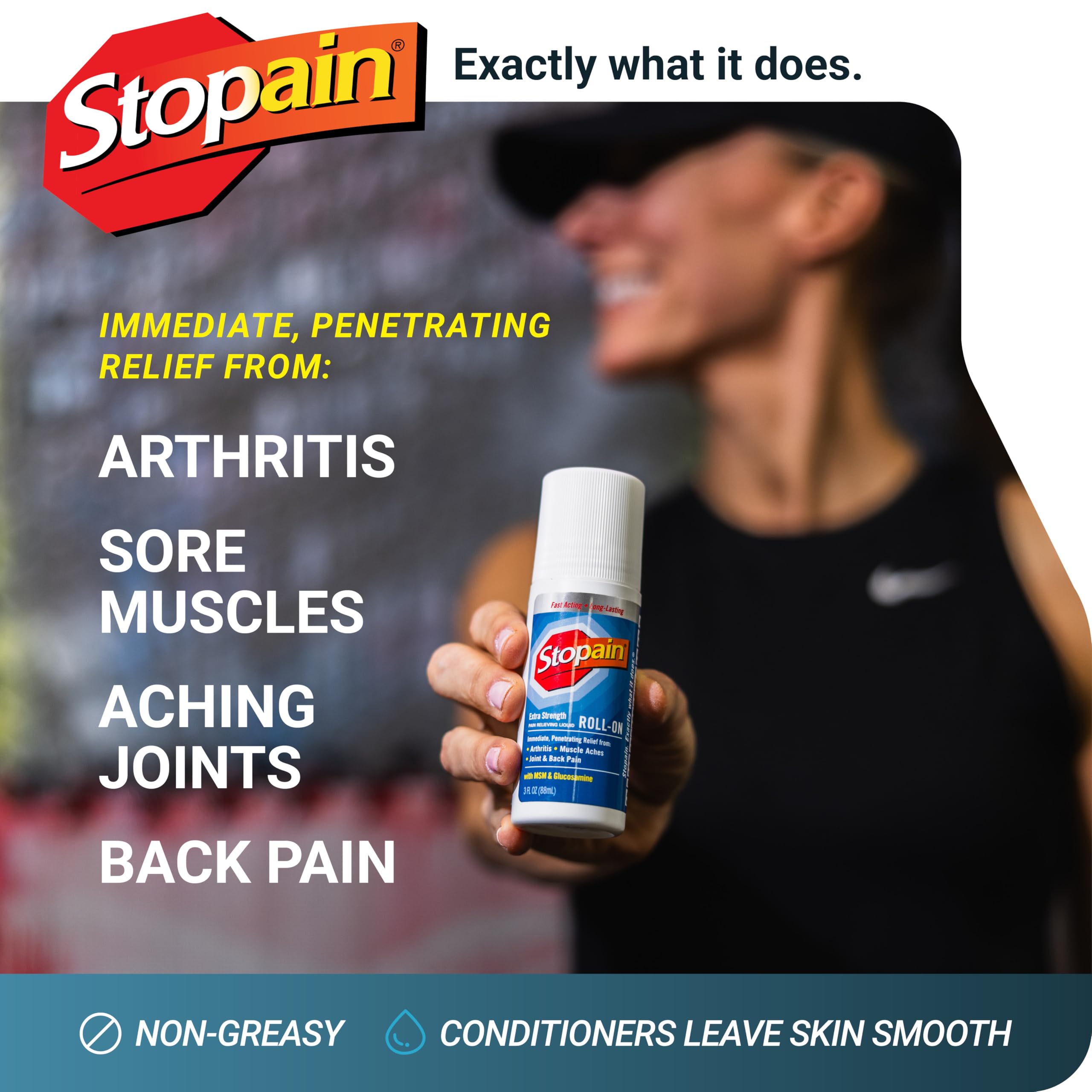 Stopain topical analgesic roll on bottle showing three ounce weight panel