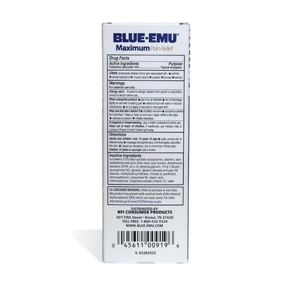 Blue-Emu joint and muscle cream container displaying emu oil infusion