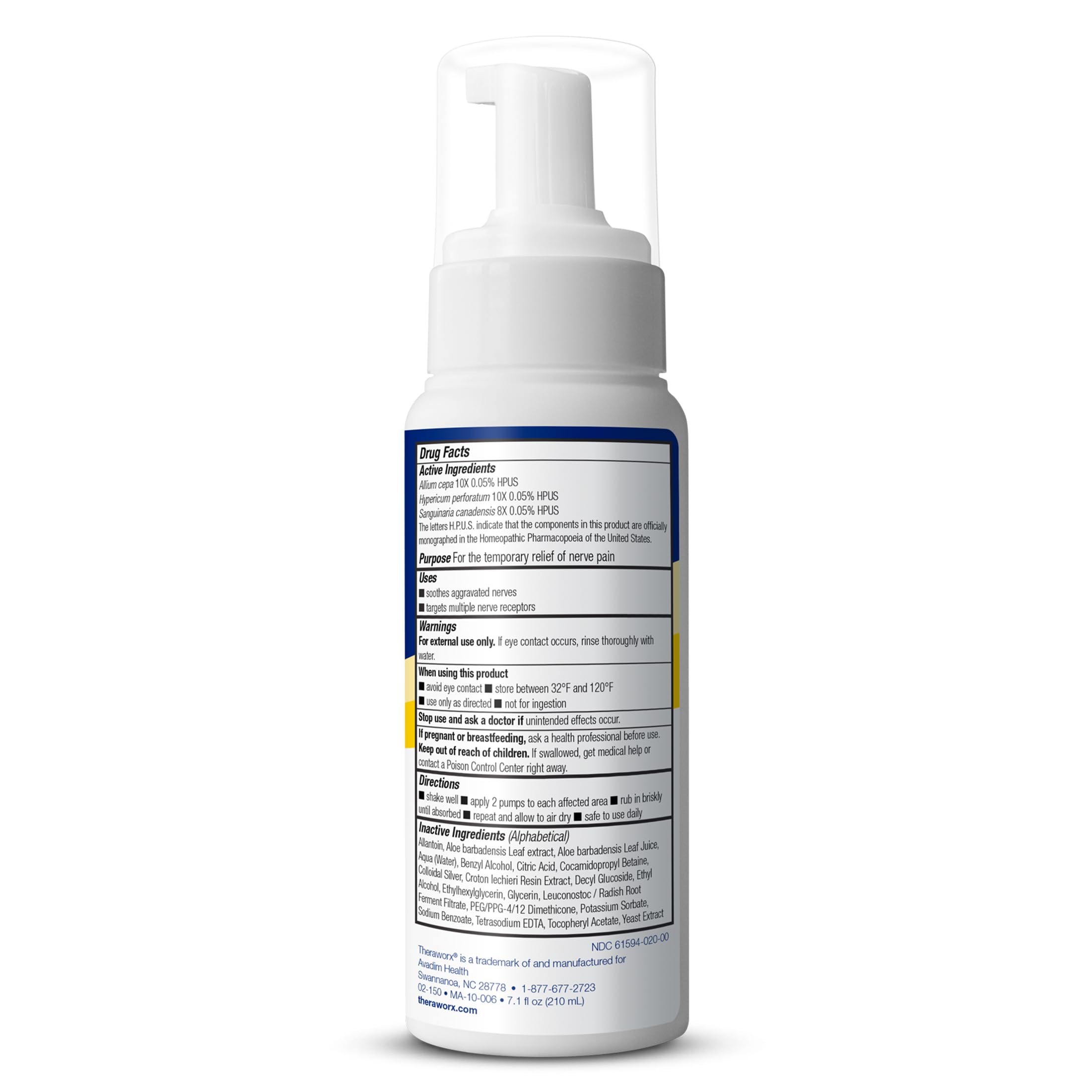 Theraworx topical foam packaging showing homeopathic ingredients for nerve discomfort.