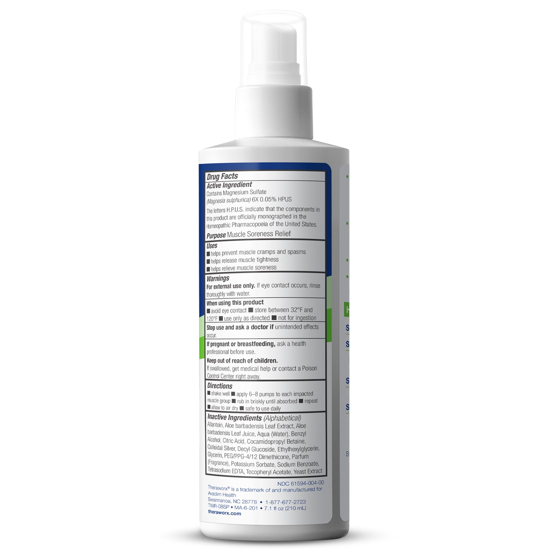 Theraworx fast acting muscle cramp spray showing magnesium sulfate formulation details