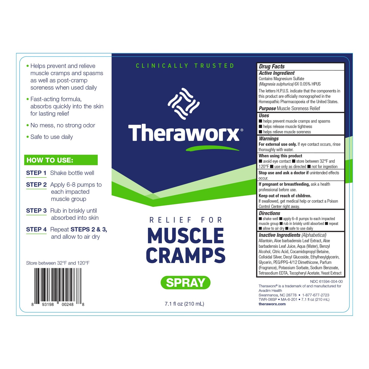Authentic Theraworx leg and foot cramp relief spray package back label directions
