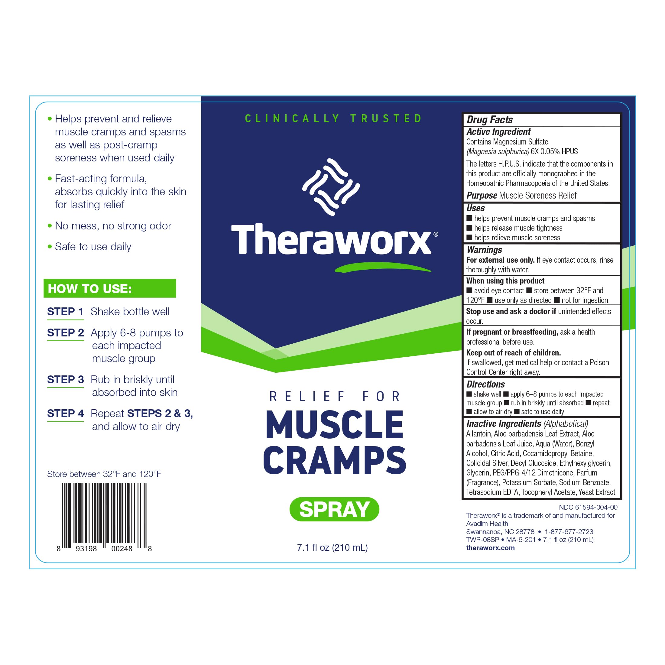 Authentic Theraworx leg and foot cramp relief spray package back label directions
