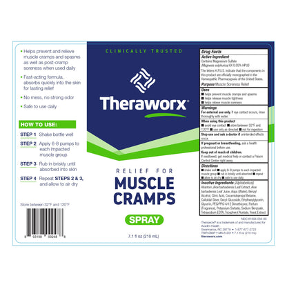Authentic Theraworx leg and foot cramp relief spray package back label directions