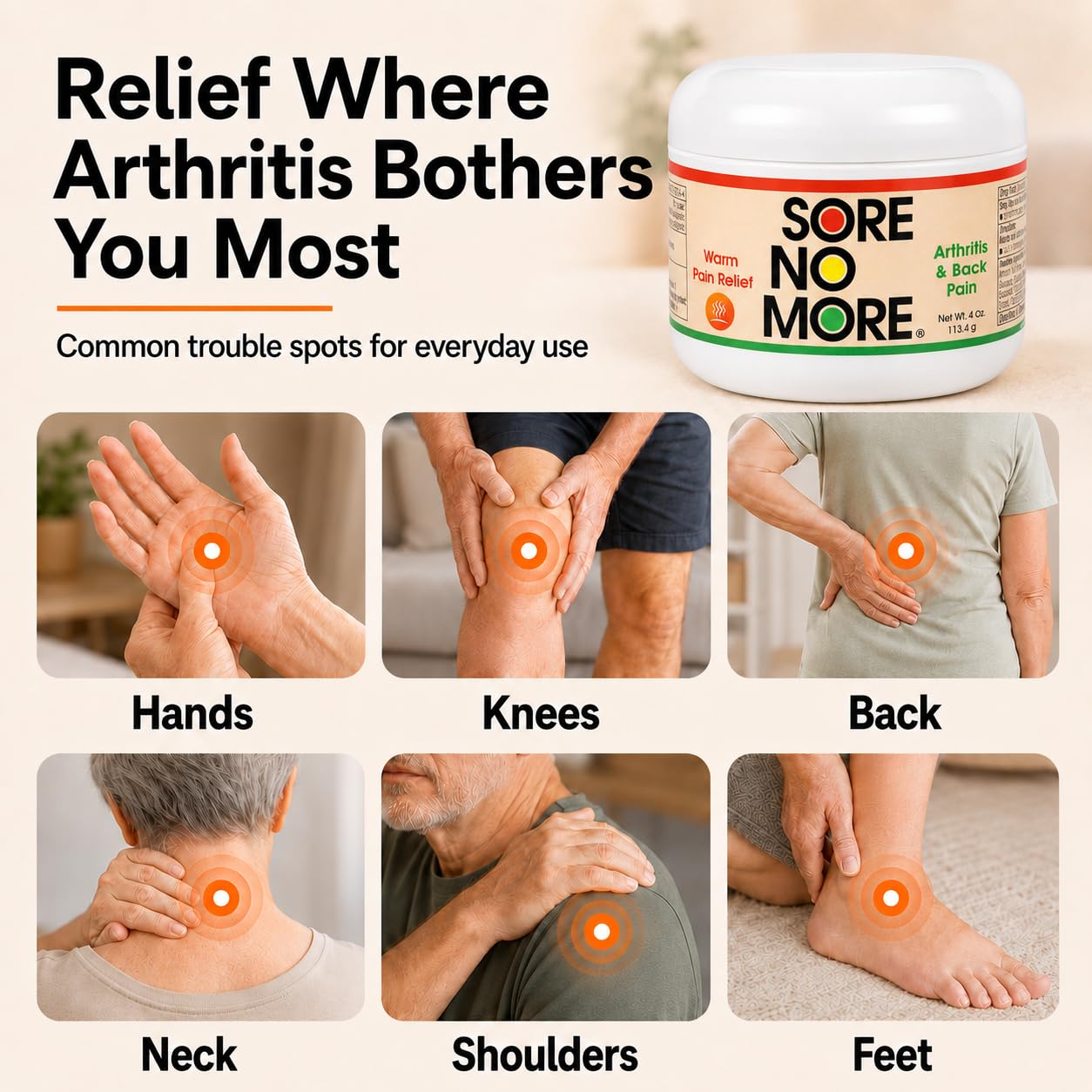 Sore No More topical warming gel packaging showing product labels