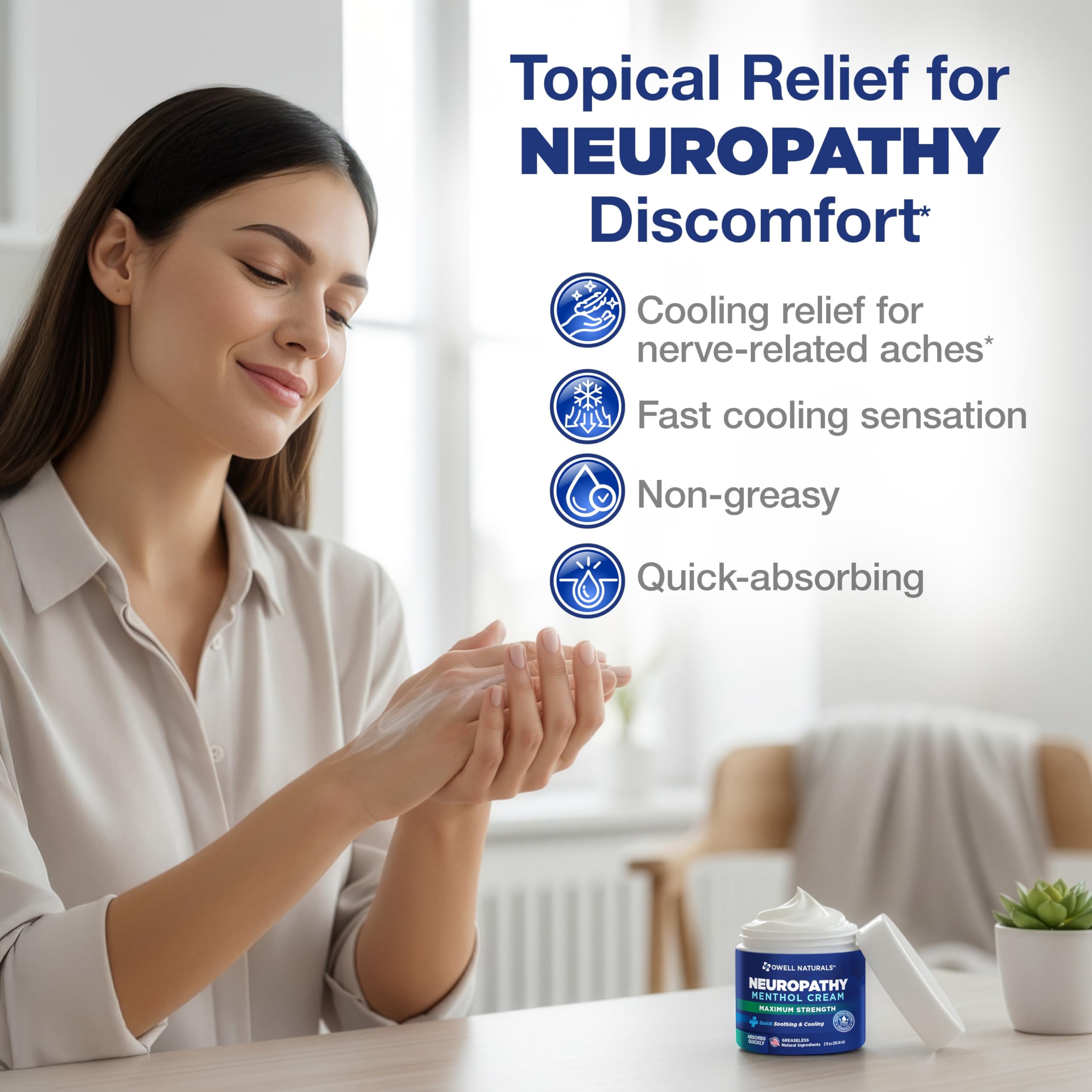 Non greasy topical nerve cream with arnica and MSM ingredients.