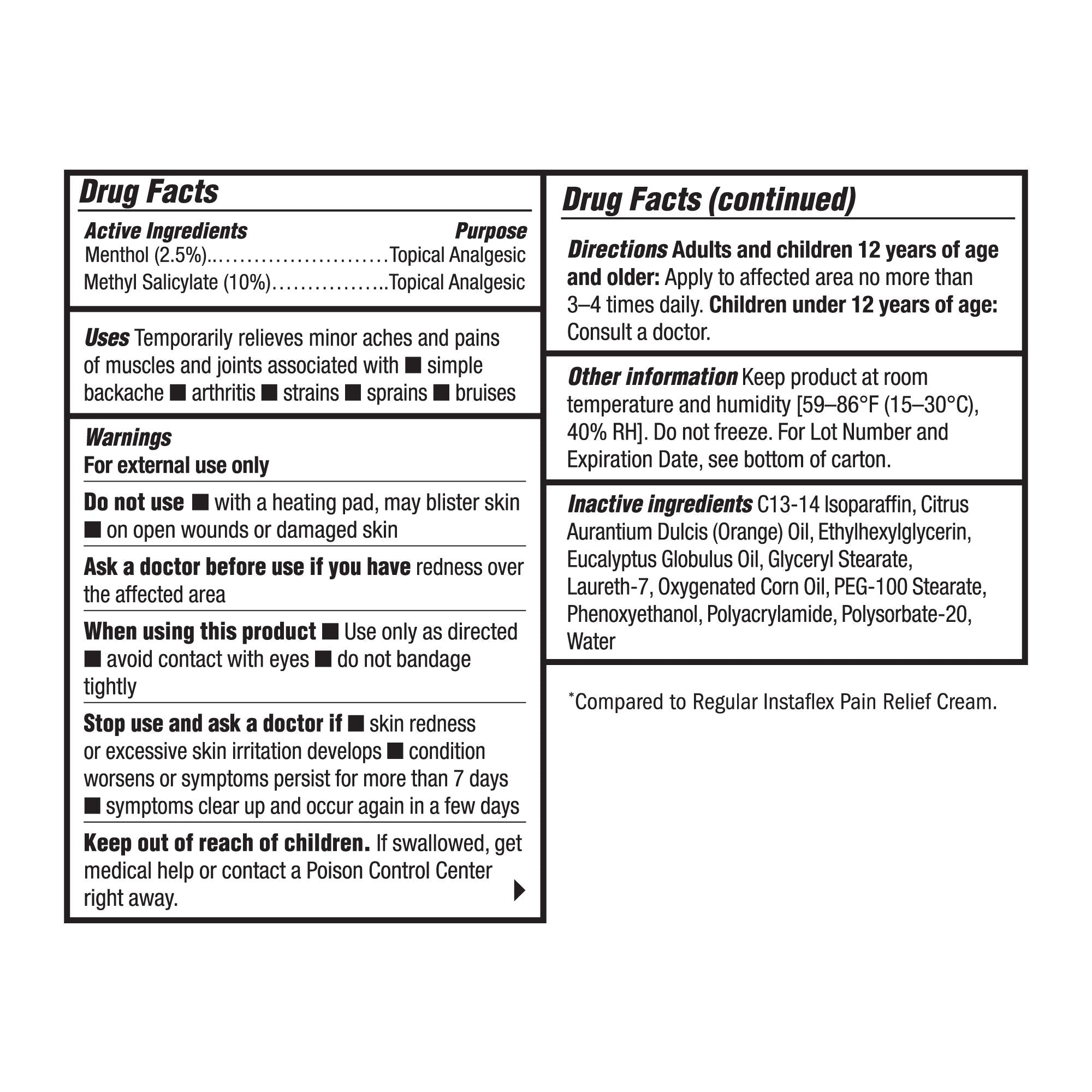 Instaflex joint and muscle rub packaging showing active ingredients