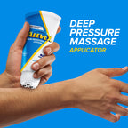 AleveX arthritis relief lotion showing correct application method on a painful shoulder joint.
