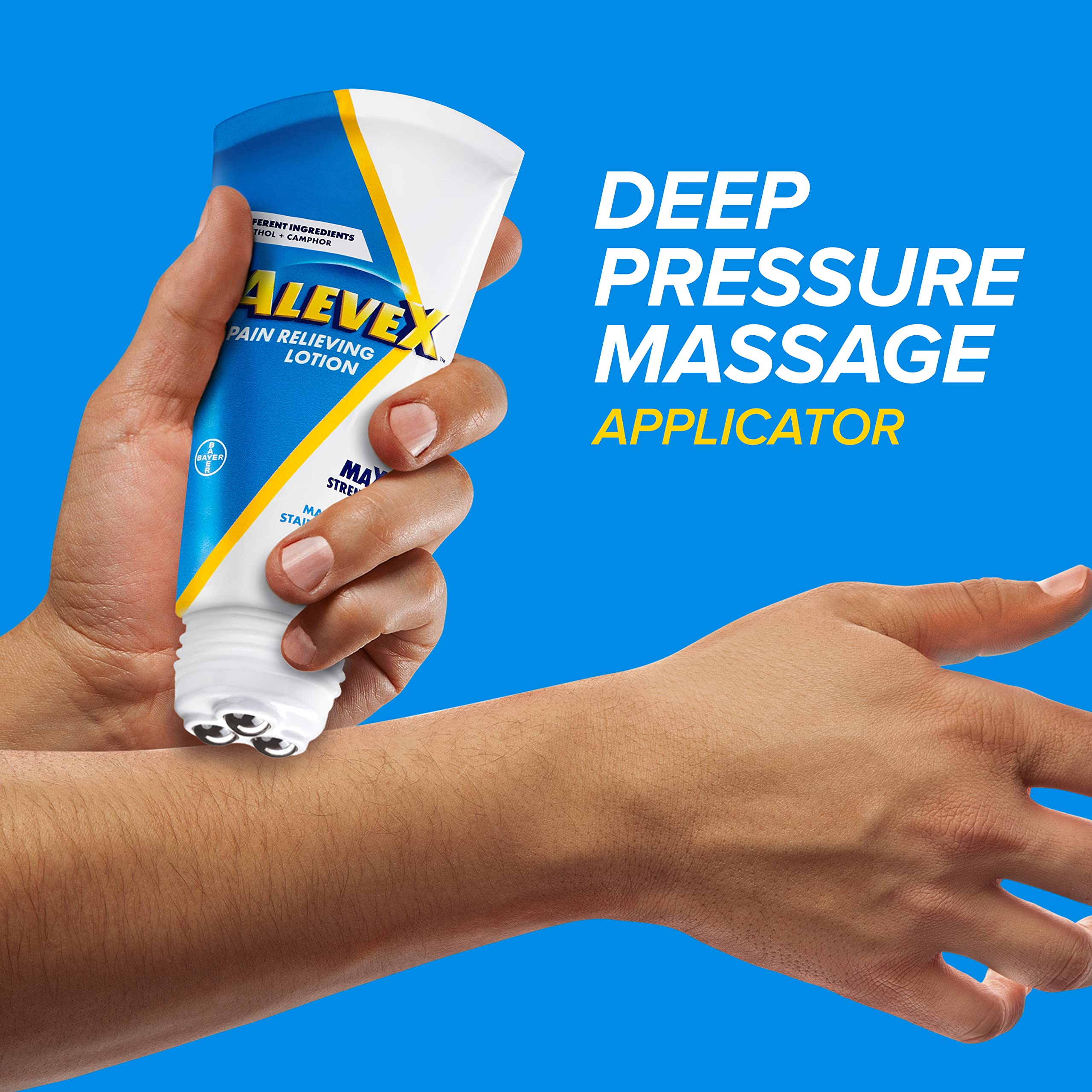AleveX arthritis relief lotion showing correct application method on a painful shoulder joint.