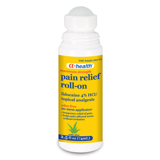 A+Health maximum strength four percent lidocaine roll on packaging showing active ingredient details
