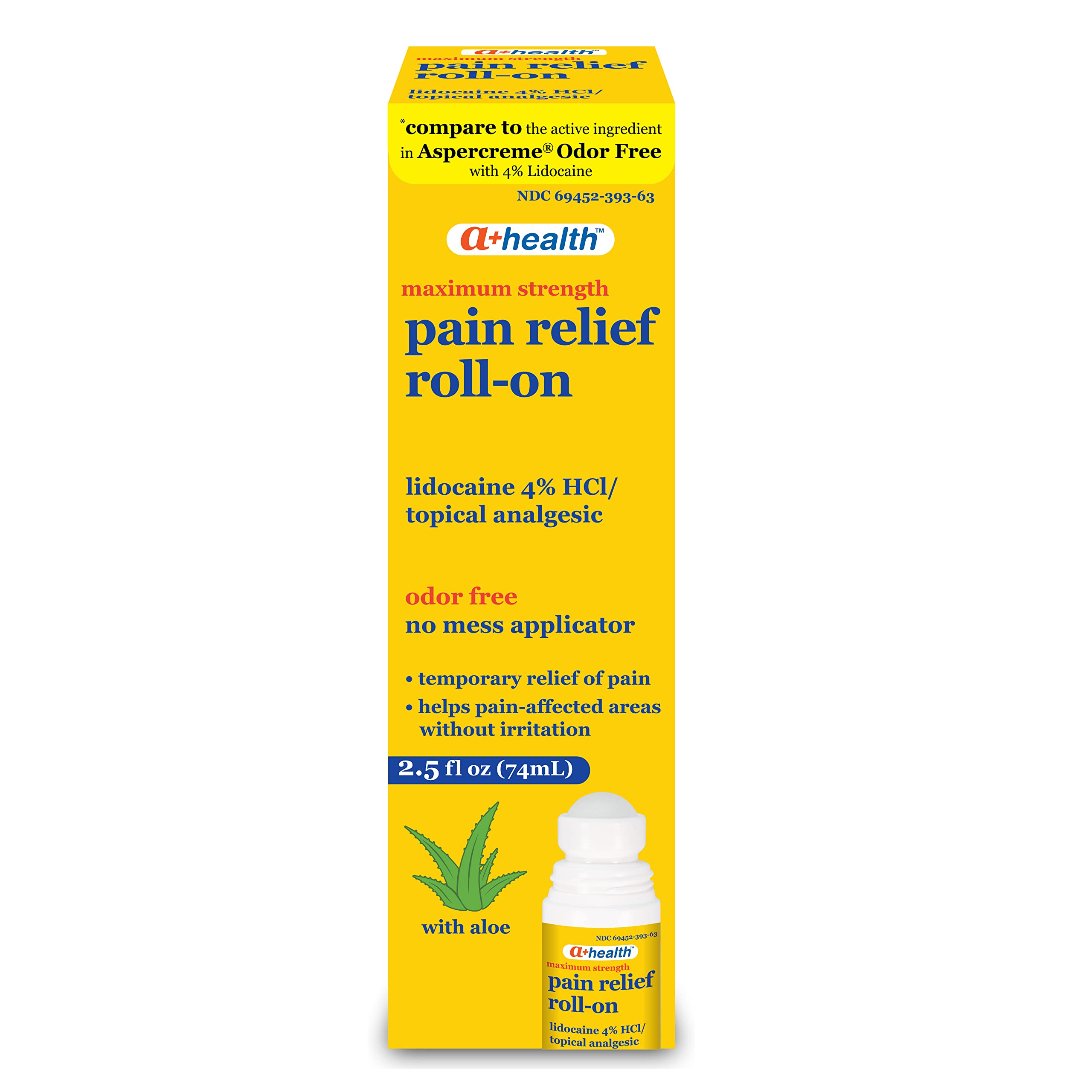 Back label of A+Health pain plus itch relief liquid highlighting drug facts and aloe content