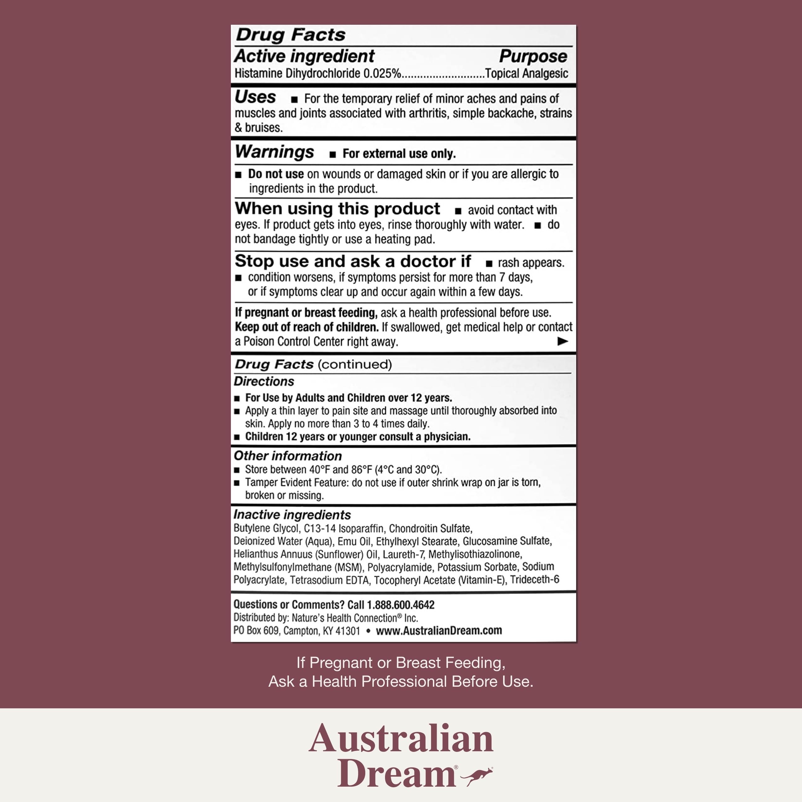 Australian Dream topical analgesic container showing ingredients list and drug facts