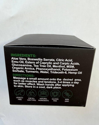 Arvesa maximum strength hemp rub bottle alongside natural botanical illustrations for knee comfort