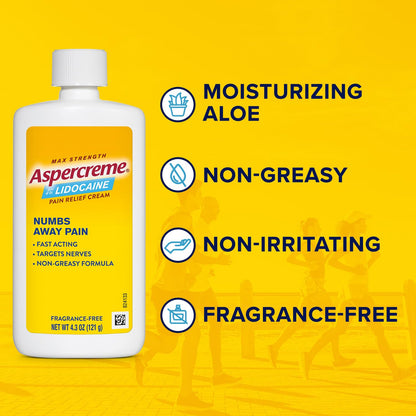 Aspercreme lidocaine cream application details and drug facts printed on the back label.