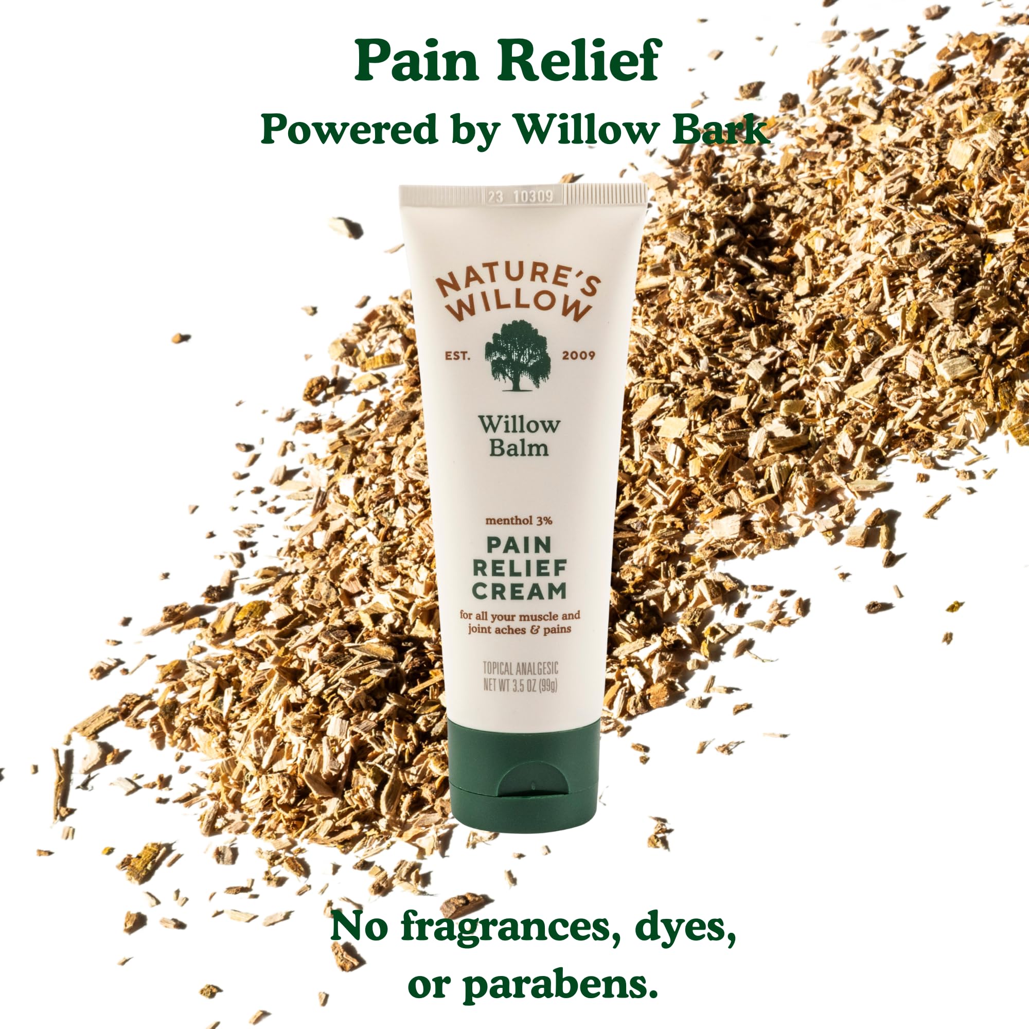 Nature's Willow muscle and joint pain cream tube showing ingredients