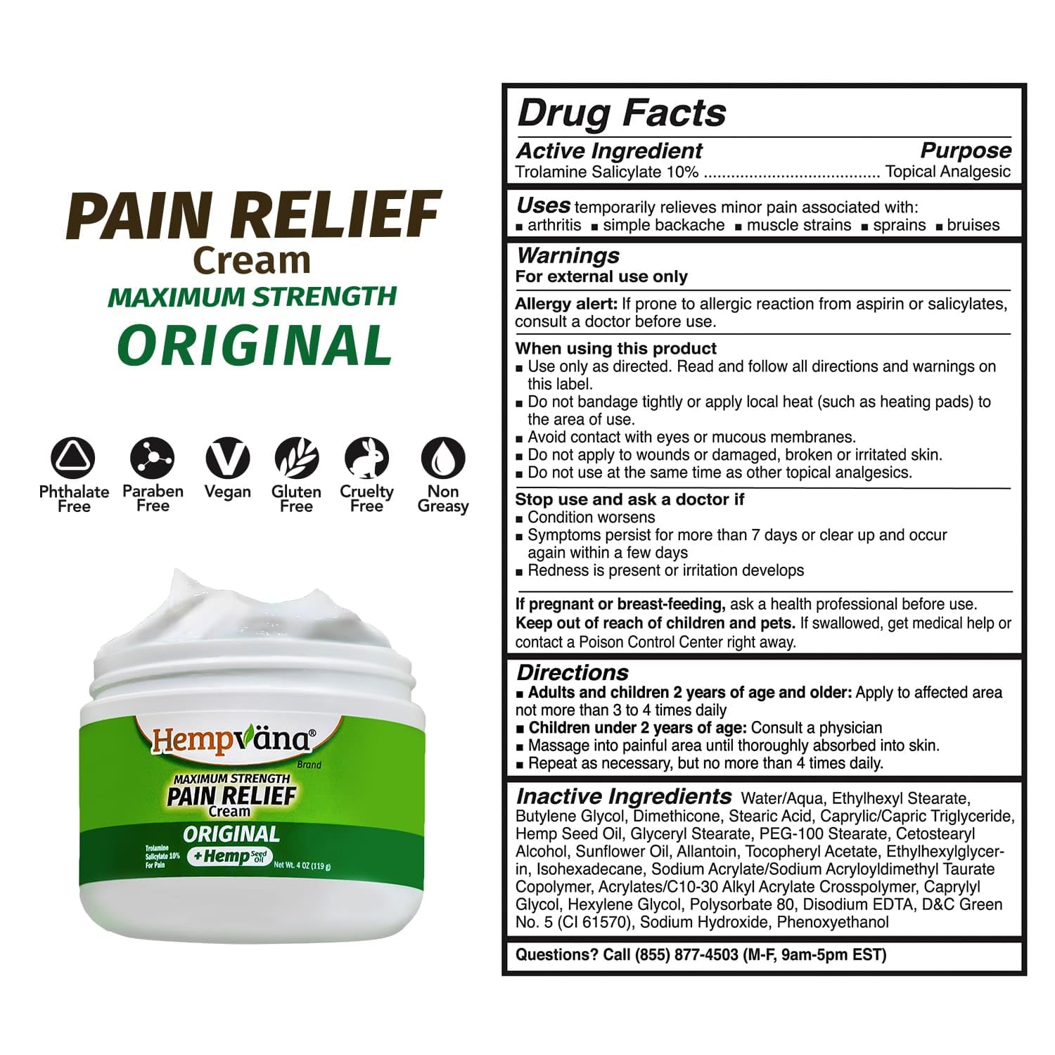 Hempvana Maximum Strength Pain Relief Cream packaging showing active ingredient details