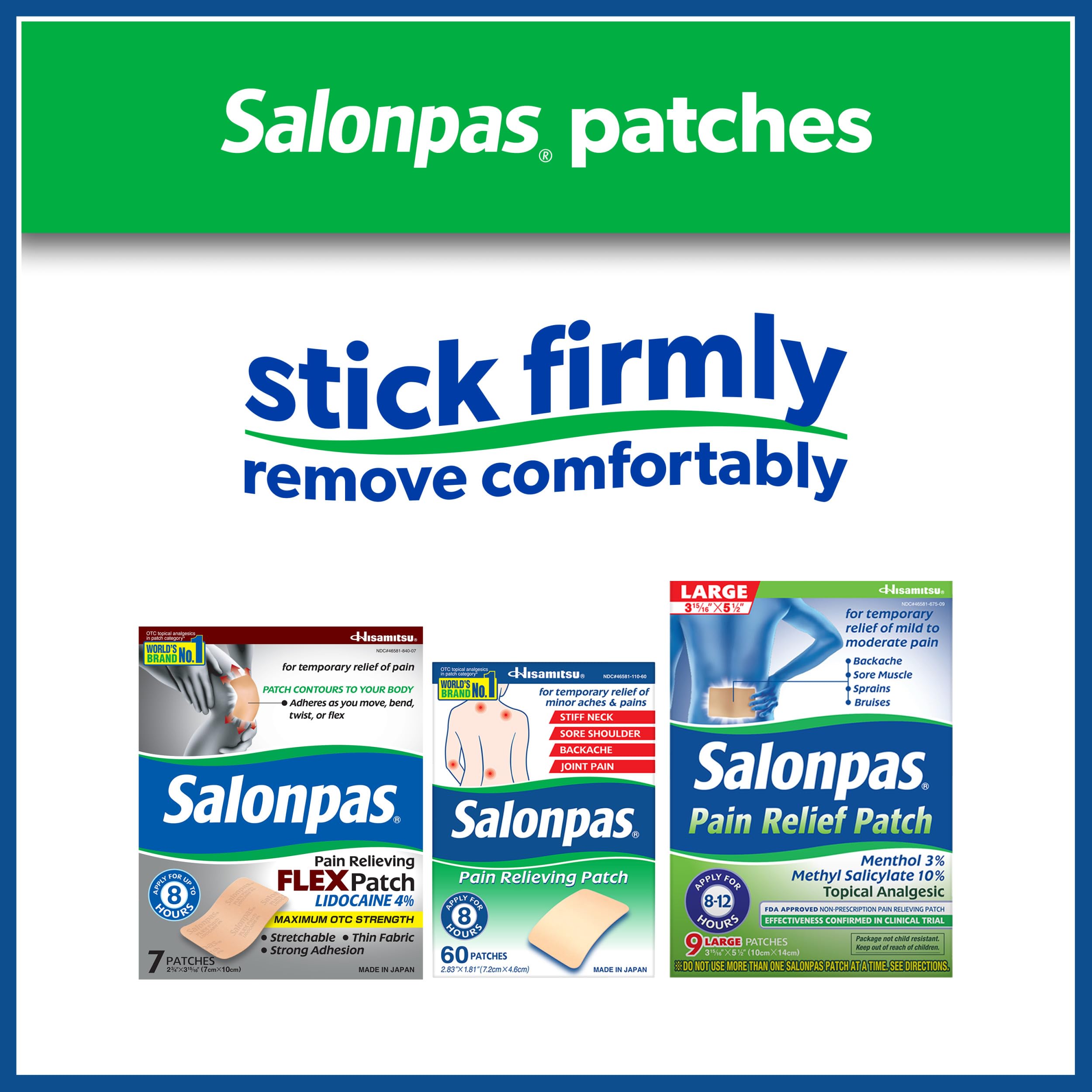 Close up of the thin stretchable design of the Salonpas muscle relief product.