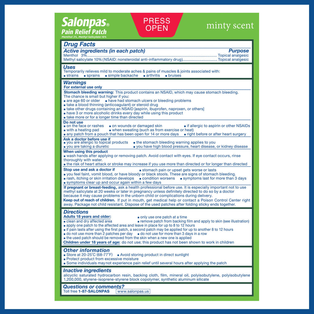 Full product contents of the Salonpas twenty count pack showcasing individual patch seals.