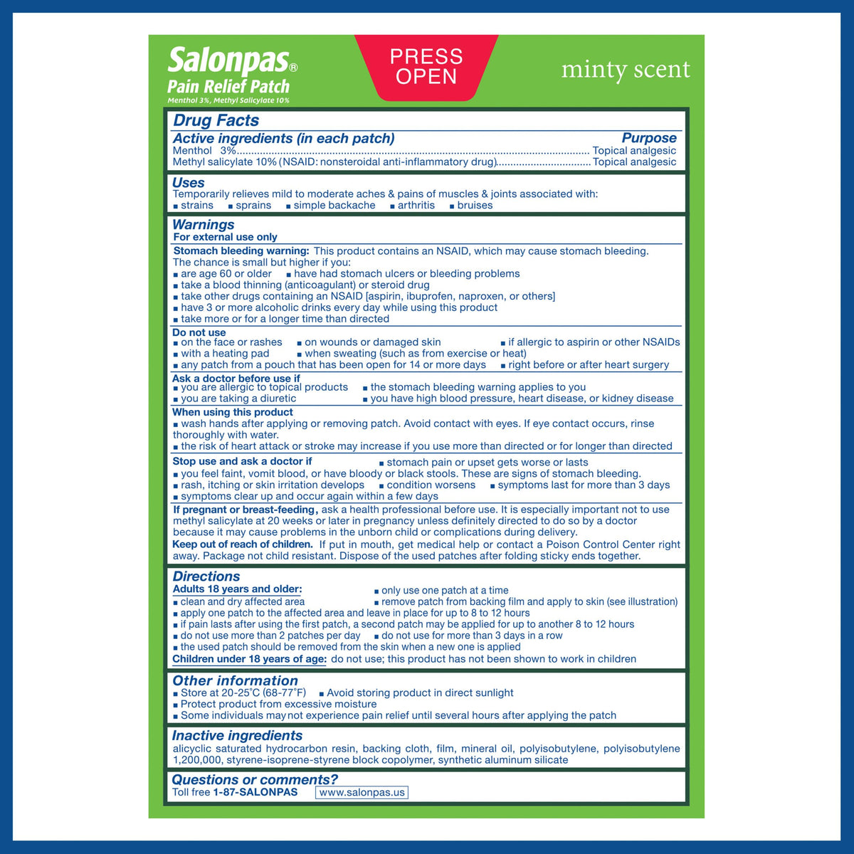 Full product contents of the Salonpas twenty count pack showcasing individual patch seals.
