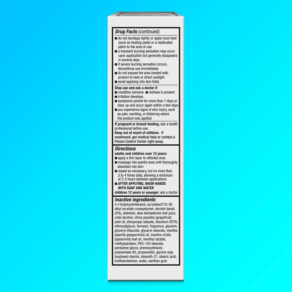 Icy Hot contrast therapy pain relief cream packaging details with menthol and camphor percentages