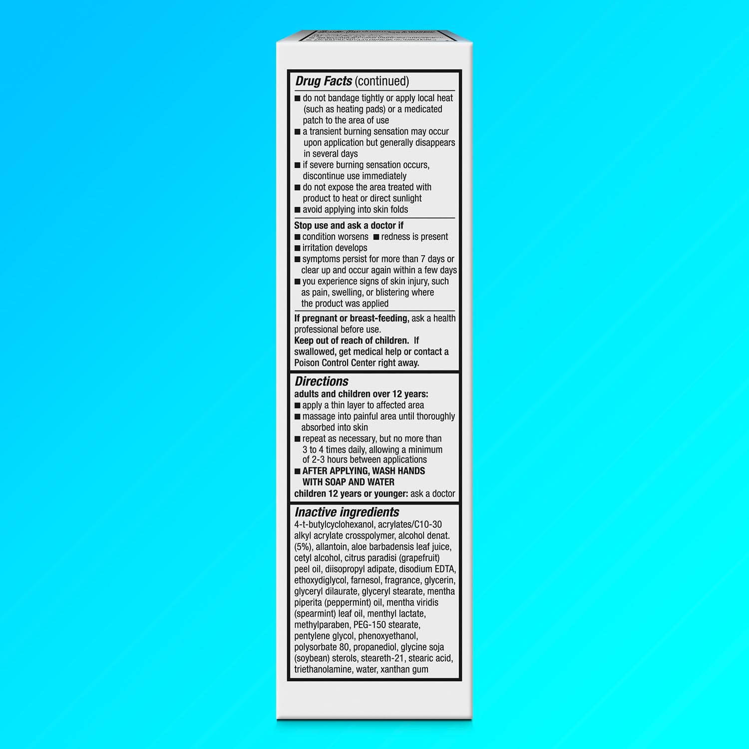 Icy Hot contrast therapy pain relief cream packaging details with menthol and camphor percentages