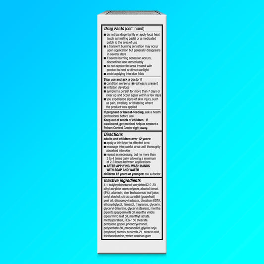 Icy Hot contrast therapy pain relief cream packaging details with menthol and camphor percentages