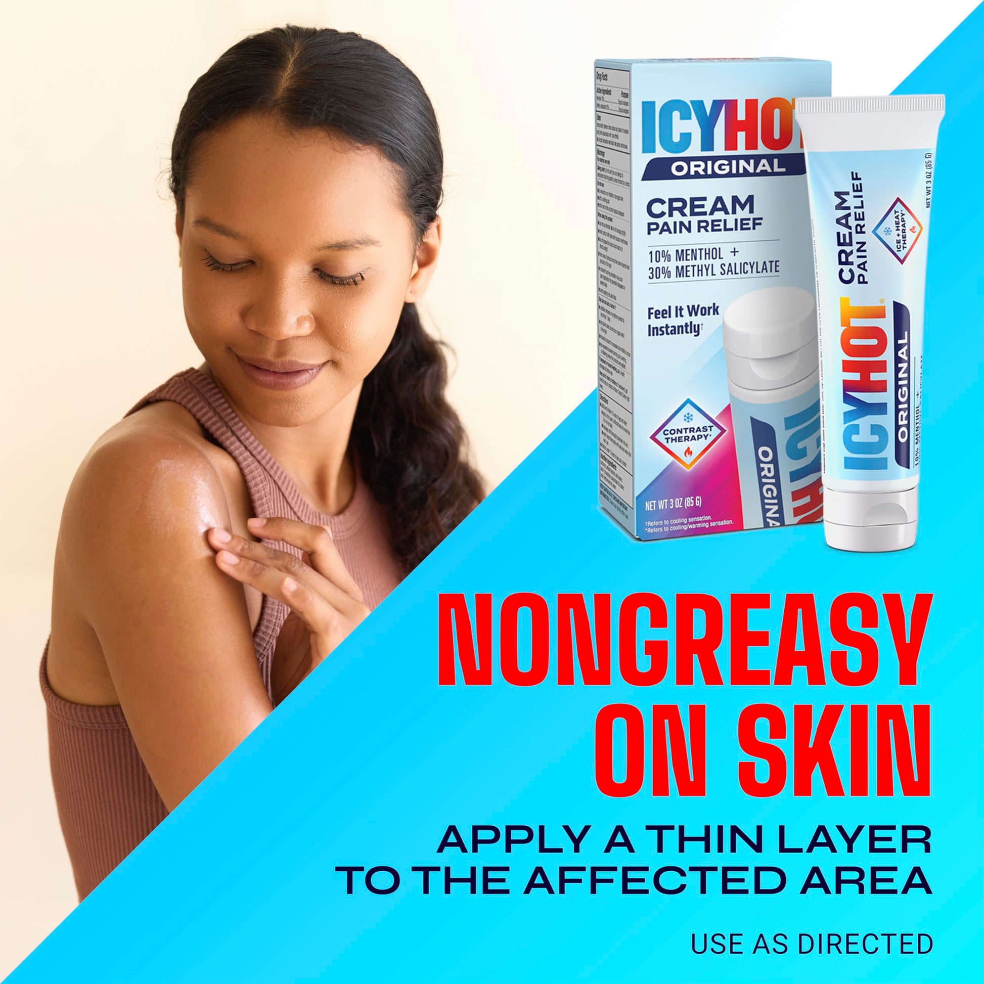 Icy Hot pain relief cream packaging showing cooling and warming application guide