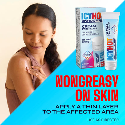 Icy Hot pain relief cream packaging showing cooling and warming application guide