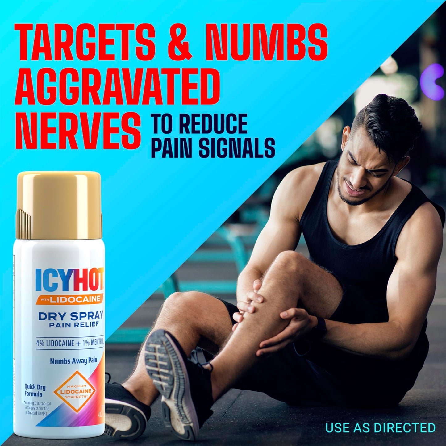 Hands free dry spray pain reliever with menthol and lidocaine.