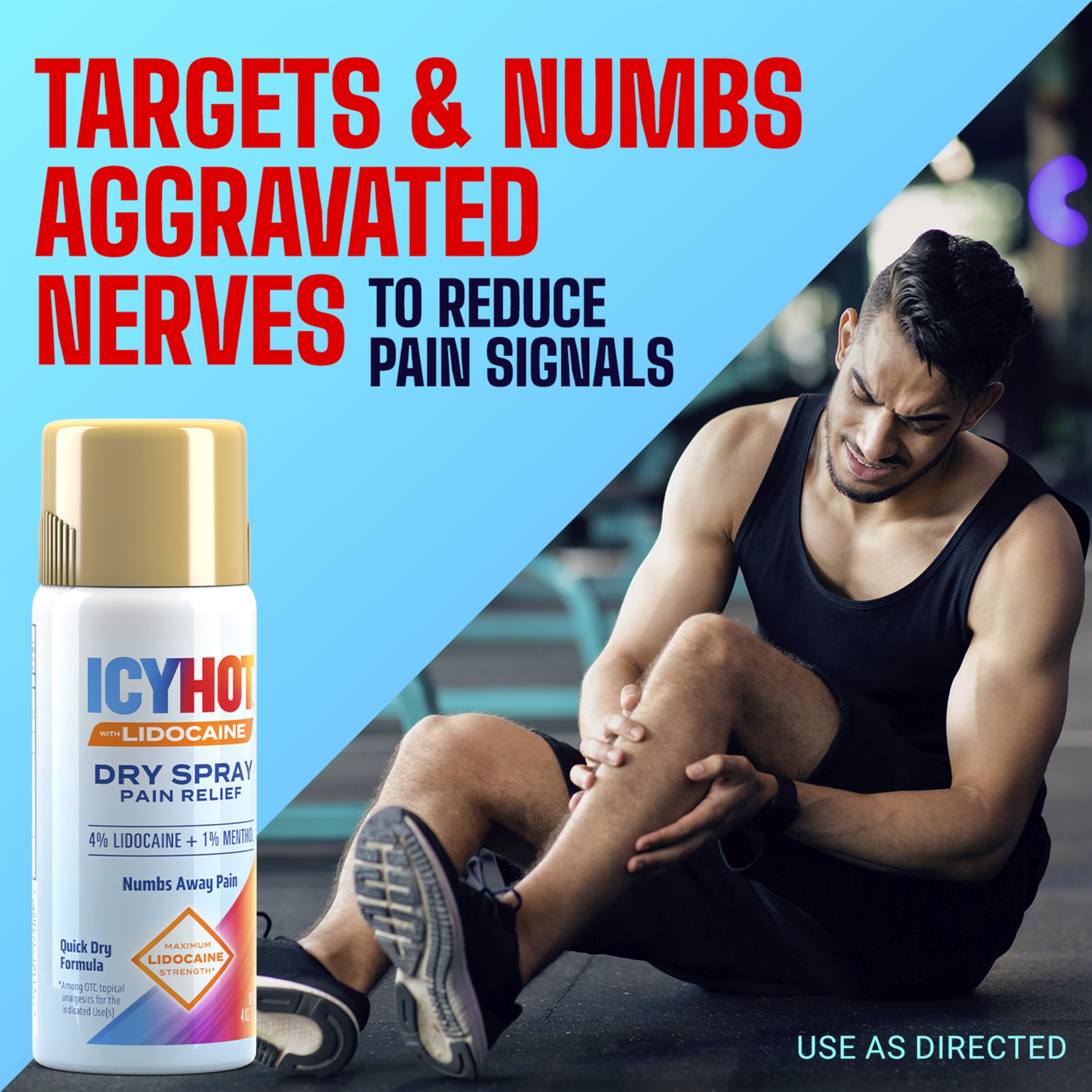 Hands free dry spray pain reliever with menthol and lidocaine.