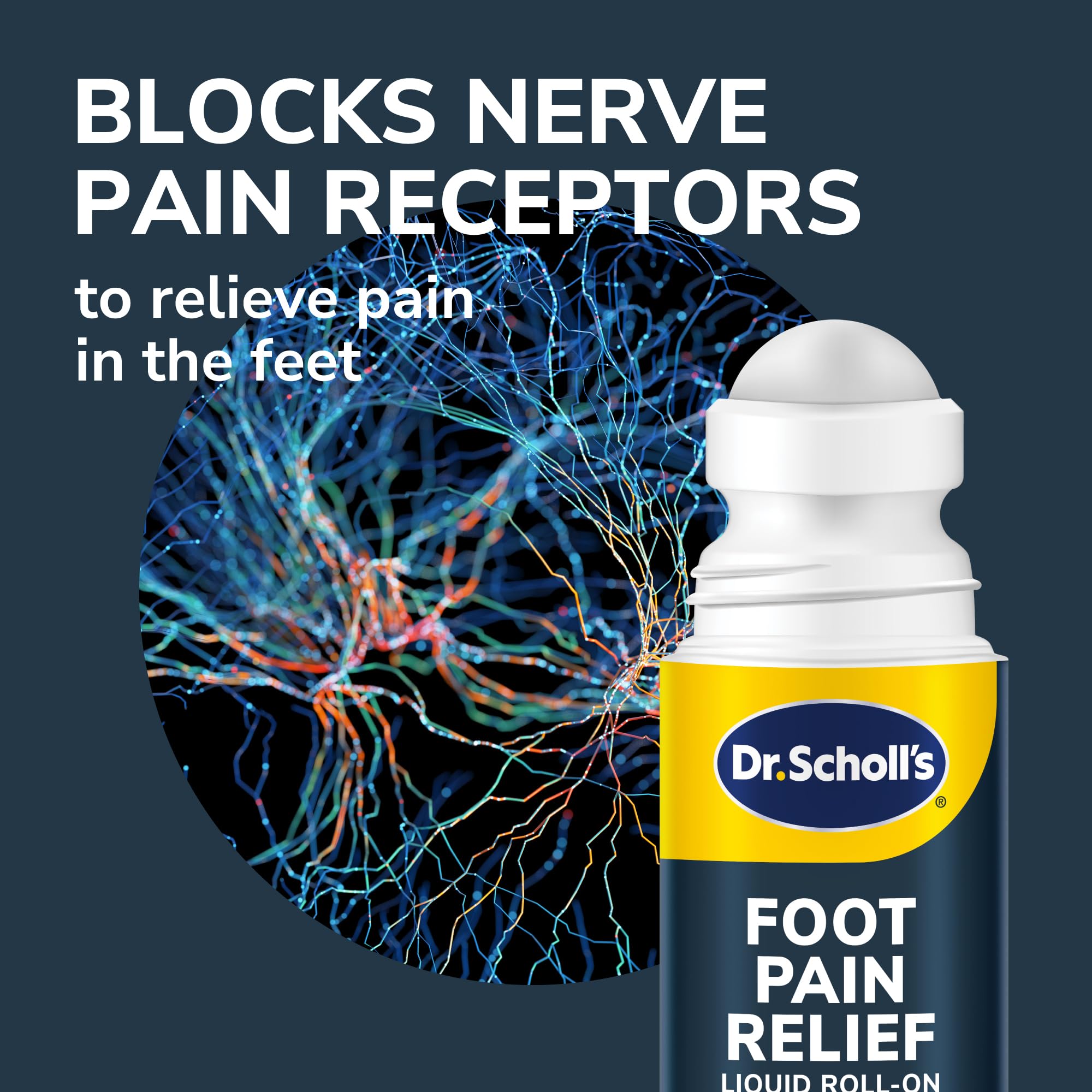 Dr Scholls maximum strength lidocaine foot pain liquid roll on packaging closeup
