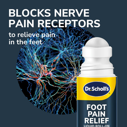 Dr Scholls maximum strength lidocaine foot pain liquid roll on packaging closeup